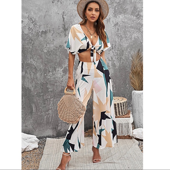 Pants - Tropical Print Crop Top Flare Wide Leg Pants Set